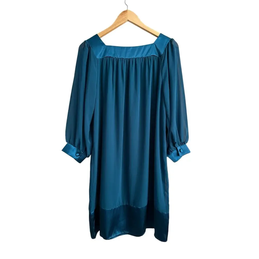 NEW Thread Social Teal Green Square Neck Knee Length Long Sheer Sleeve Dress 12